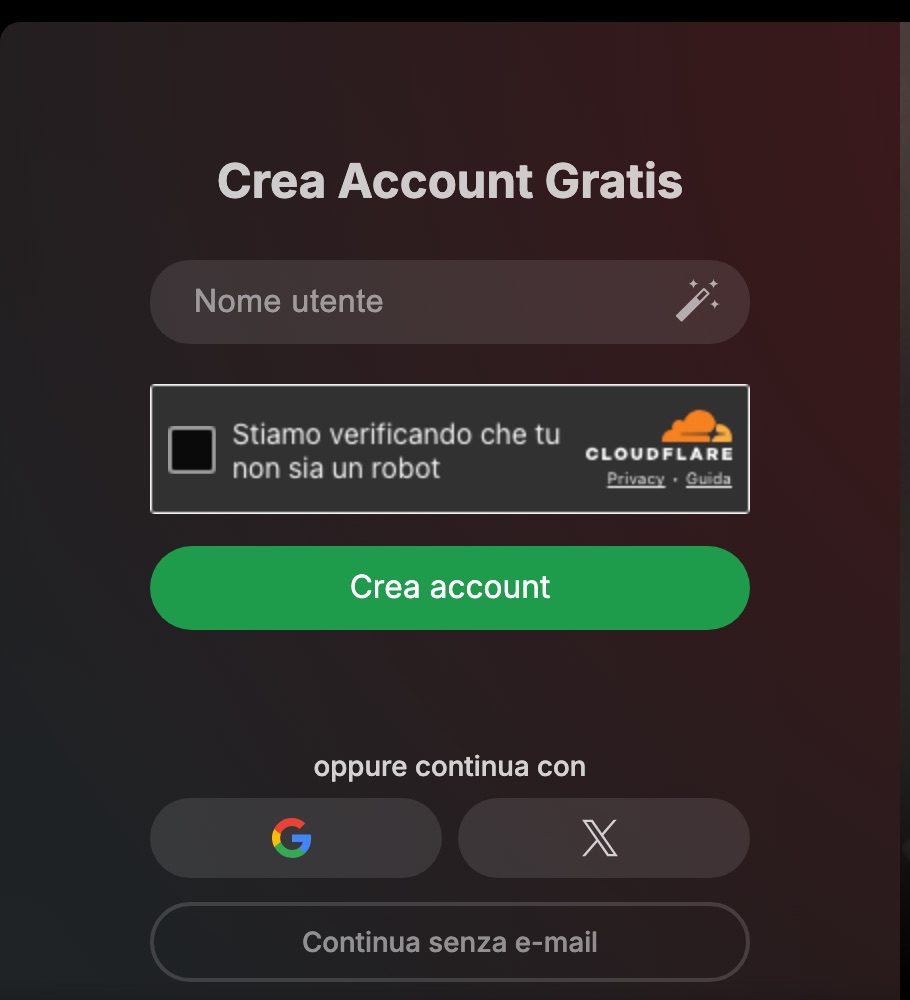 Modulo di registrazione di Stripchat: campo nome utente, verifica anti-robot, pulsante Crea account e accesso con Google o X